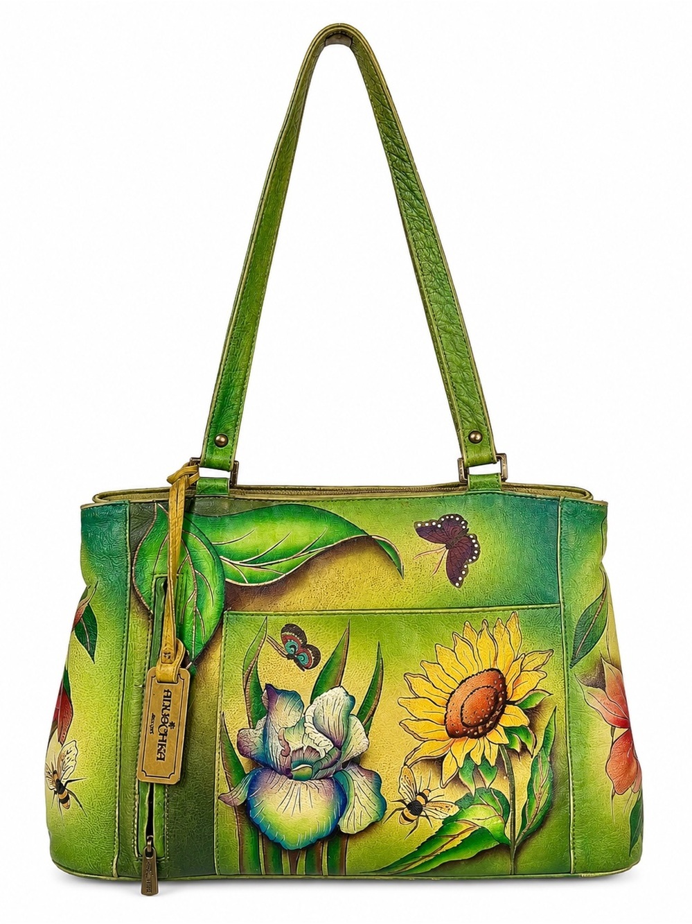 Anuschka Green Hand-Painted Floral & Butterfly Leather Shoulder Bag